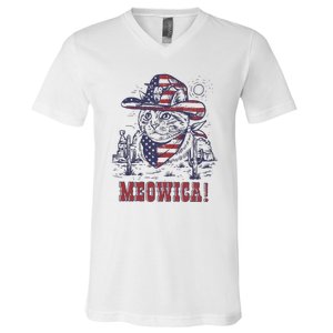 4th Of July Meowica Patriotic Cowboy Cat V-Neck T-Shirt