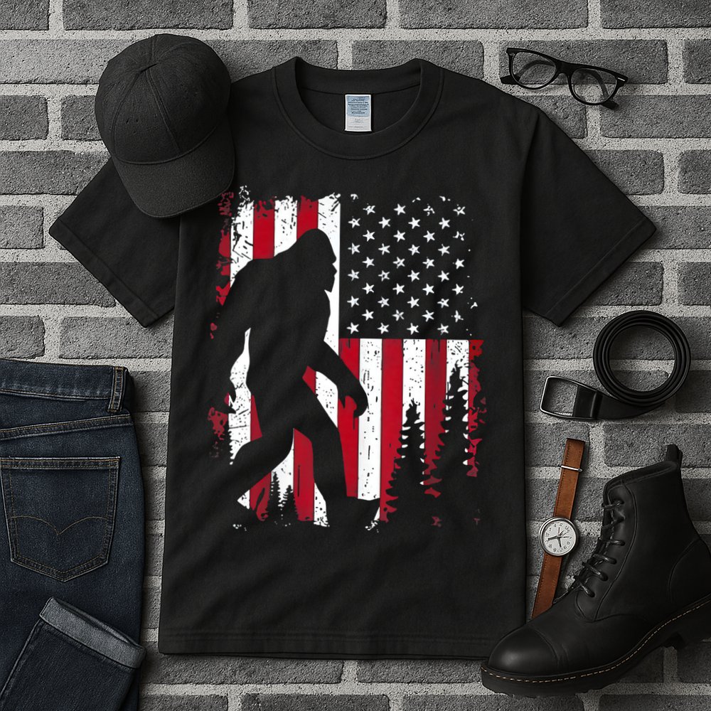 4th Of July Bigfoot Sasquatch American Flag Patriotic Tall T-Shirt
