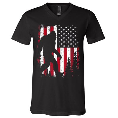 4th Of July Bigfoot Sasquatch American Flag Patriotic V-Neck T-Shirt