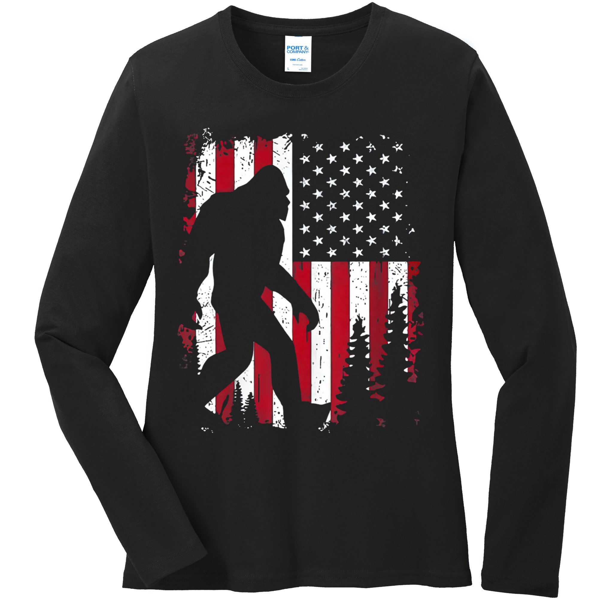 4th Of July Bigfoot Sasquatch American Flag Patriotic Ladies Long Sleeve Shirt