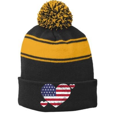 4th Of July American Heart Flag Stripe Pom Pom Beanie