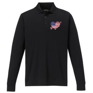 4th Of July American Heart Flag Performance Long Sleeve Polo