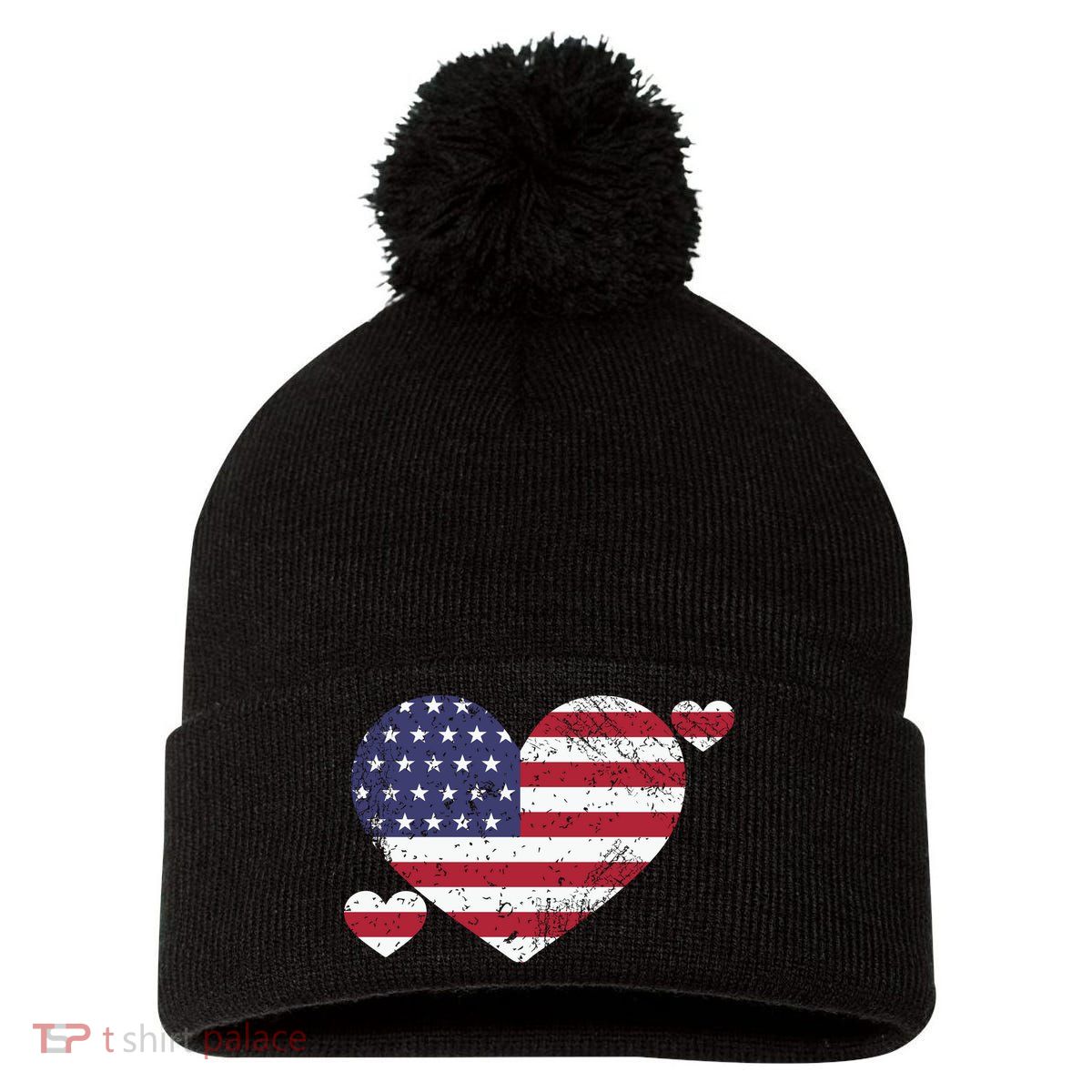 4th Of July American Heart Flag Pom Pom 12in Knit Beanie