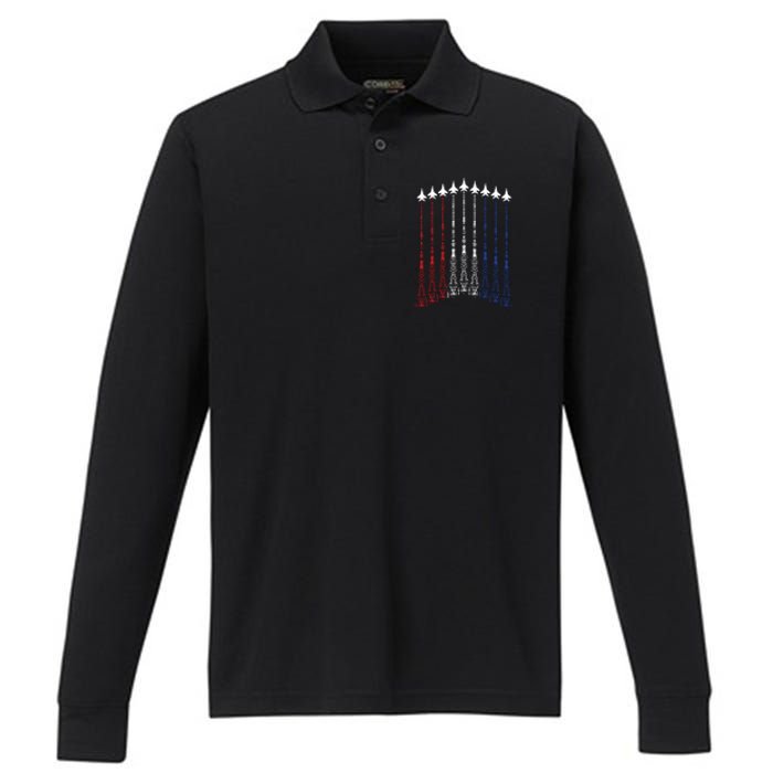 4th Of July Fighter Jet Airplane Red White Blue In The Sky Performance Long Sleeve Polo