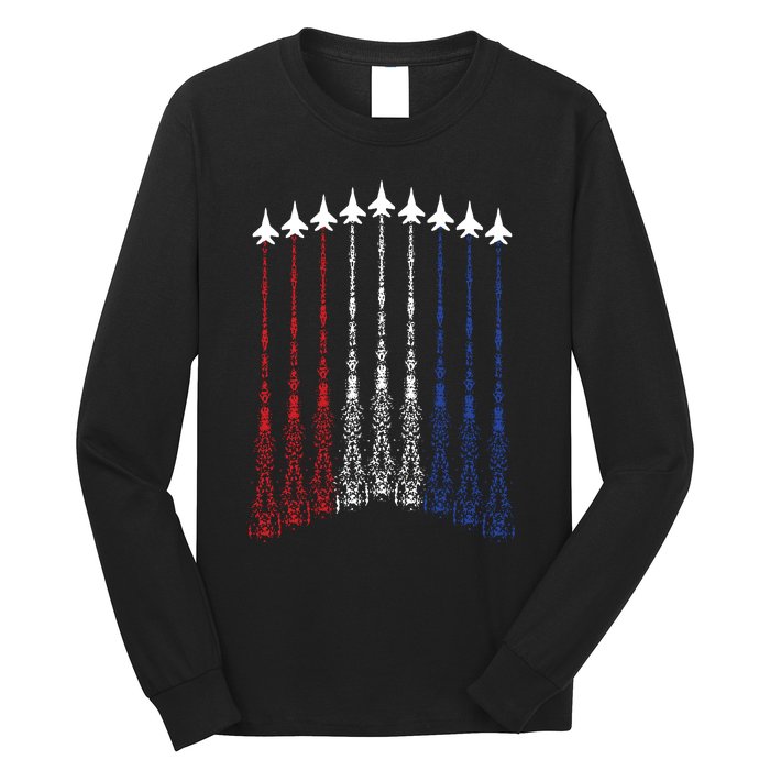 4th Of July Fighter Jet Airplane Red White Blue In The Sky Long Sleeve Shirt