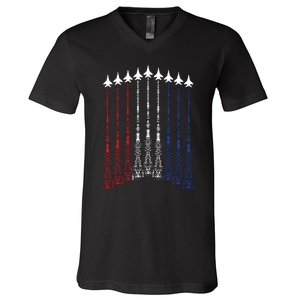 4th Of July Fighter Jet Airplane Red White Blue In The Sky V-Neck T-Shirt