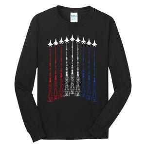 4th Of July Fighter Jet Airplane Red White Blue In The Sky Tall Long Sleeve T-Shirt