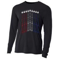 4th Of July Fighter Jet Airplane Red White Blue In The Sky Cooling Performance Long Sleeve Crew