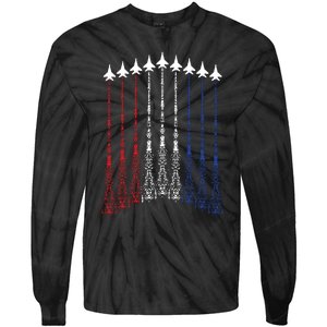 4th Of July Fighter Jet Airplane Red White Blue In The Sky Tie-Dye Long Sleeve Shirt