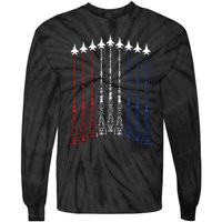 4th Of July Fighter Jet Airplane Red White Blue In The Sky Tie-Dye Long Sleeve Shirt