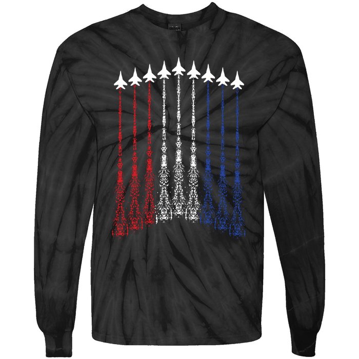 4th Of July Fighter Jet Airplane Red White Blue In The Sky Tie-Dye Long Sleeve Shirt