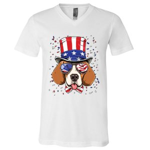 4th Of July Patriotic Beagle American USA Flag Beagle Lovers V-Neck T-Shirt