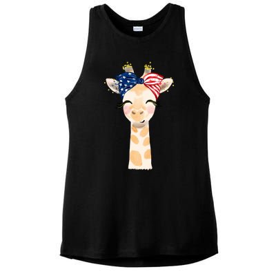 4th Of July Usa Giraffe Cute Ladies PosiCharge Tri-Blend Wicking Tank