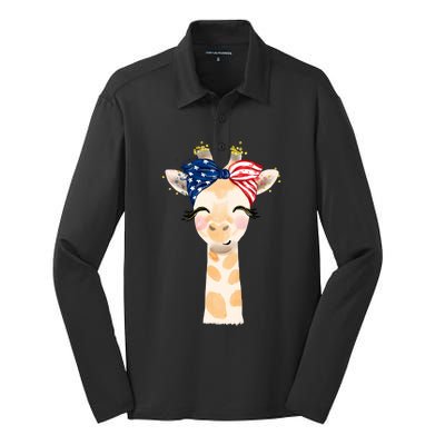 4th Of July Usa Giraffe Cute Silk Touch Performance Long Sleeve Polo