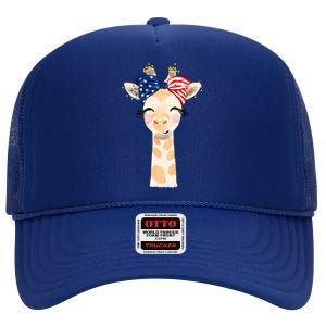 4th Of July Usa Giraffe Cute High Crown Mesh Back Trucker Hat