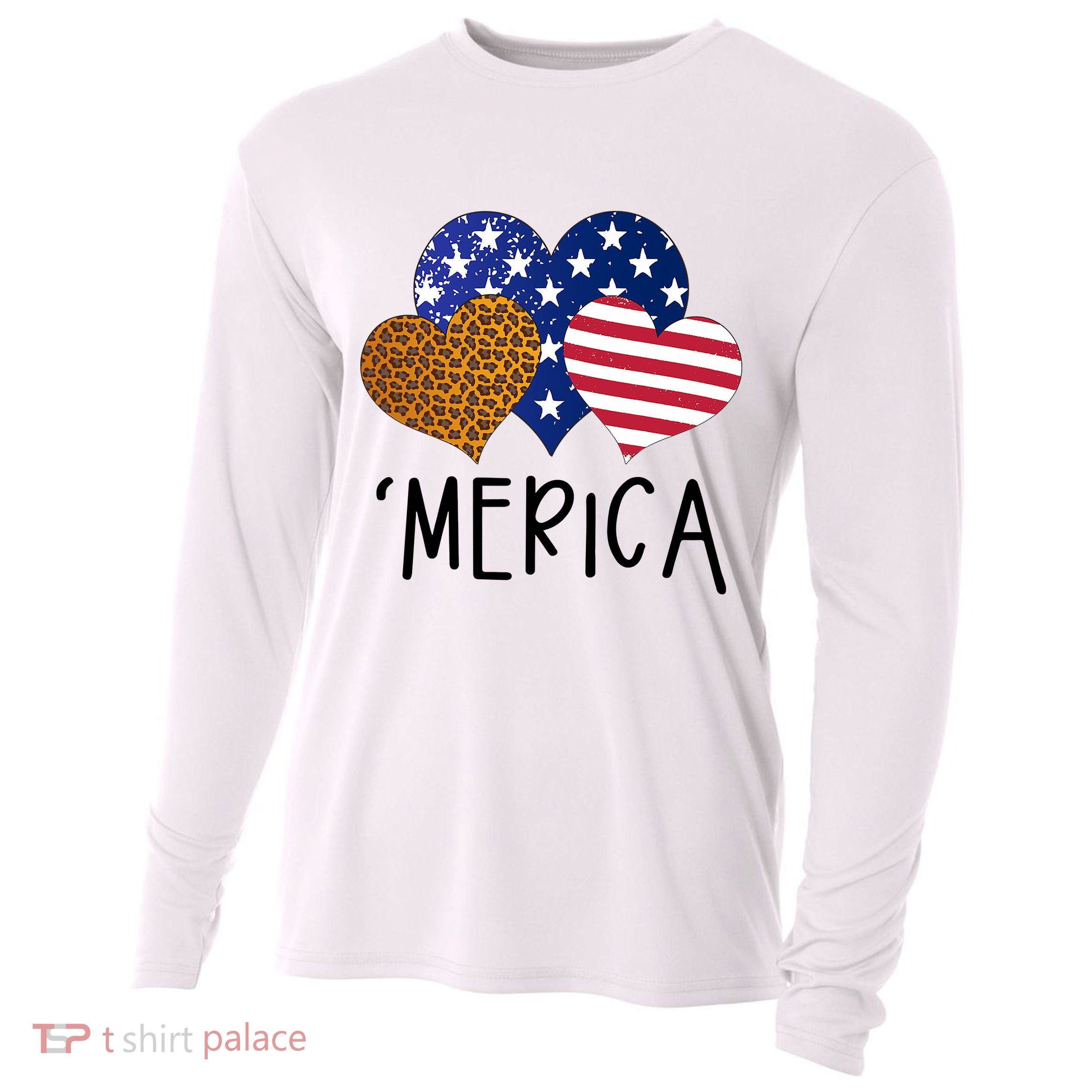 4th Of July Merica Heart USA American Flag Patriotic Cooling Performance Long Sleeve Crew