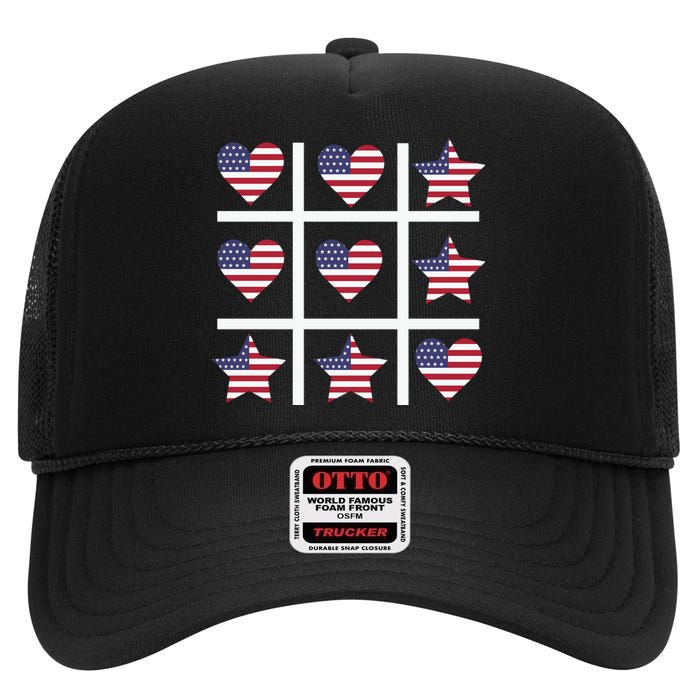 4th Of July Funny Tic Tac Heart American Flag High Crown Mesh Back Trucker Hat