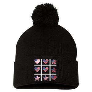 4th Of July Funny Tic Tac Heart American Flag Pom Pom 12in Knit Beanie