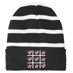 4th Of July Funny Tic Tac Heart American Flag Striped Beanie with Solid Band