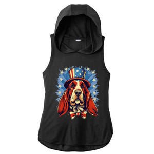 4th Of July Patriotic Basset Hound Dog Ladies PosiCharge Tri-Blend Wicking Draft Hoodie Tank