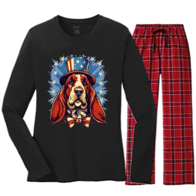 4th Of July Patriotic Basset Hound Dog Women's Long Sleeve Flannel Pajama Set 