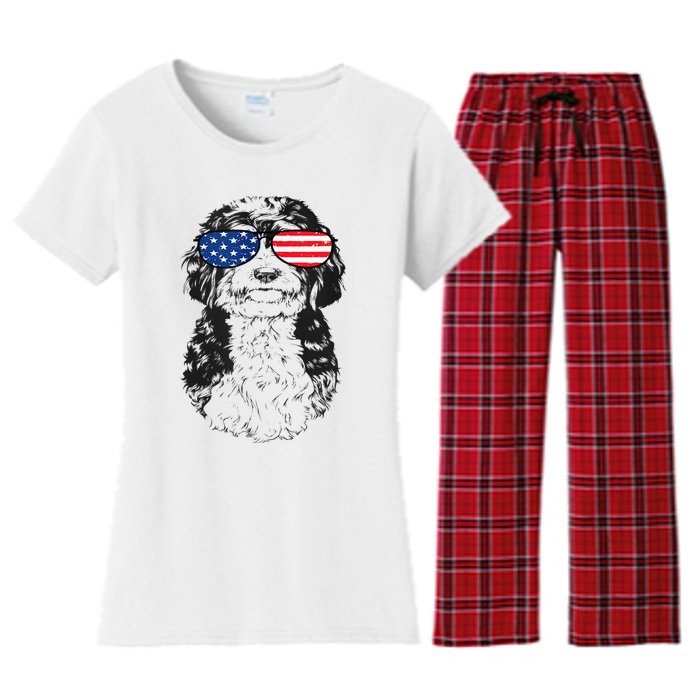 4th Of July Bernedoodle Doodle Dog Patriotic USA Sunglasses Women's Flannel Pajama Set