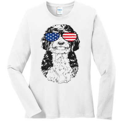 4th Of July Bernedoodle Doodle Dog Patriotic USA Sunglasses Ladies Long Sleeve Shirt