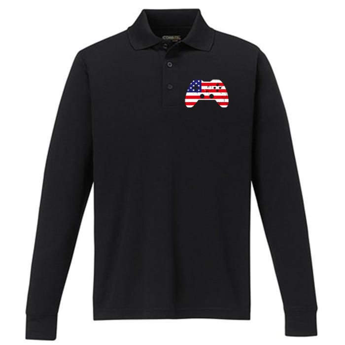 4th Of July T Video Game Gamer Usa Performance Long Sleeve Polo