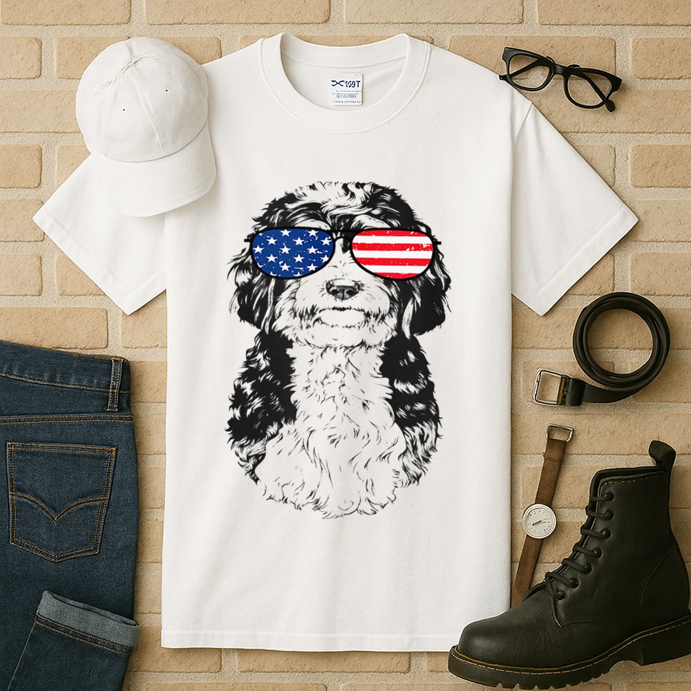 4th Of July Bernedoodle Doodle Dog Patriotic USA Sunglasses Tall T-Shirt
