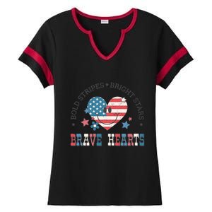 4th Of July Retro Blold Stripes Bright Stars Brave Hearts Gift Ladies Halftime Notch Neck Tee