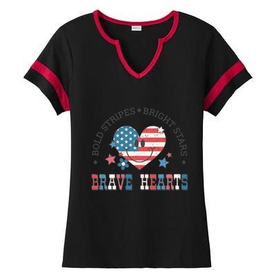 4th Of July Retro Blold Stripes Bright Stars Brave Hearts Gift Ladies Halftime Notch Neck Tee