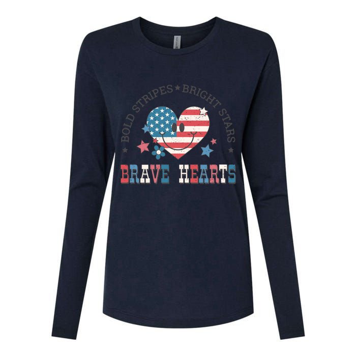 4th Of July Retro Blold Stripes Bright Stars Brave Hearts Gift Womens Cotton Relaxed Long Sleeve T-Shirt