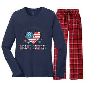 4th Of July Retro Blold Stripes Bright Stars Brave Hearts Gift Women's Long Sleeve Flannel Pajama Set 