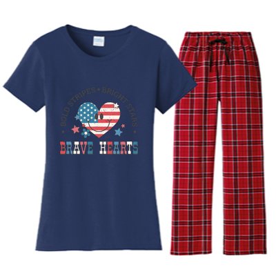 4th Of July Retro Blold Stripes Bright Stars Brave Hearts Gift Women's Flannel Pajama Set