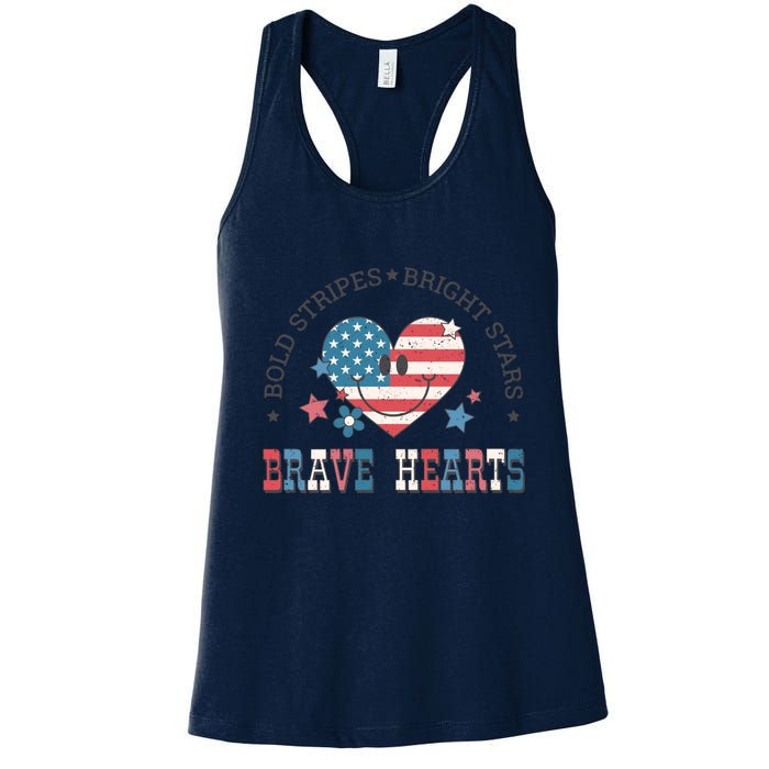 4th Of July Retro Blold Stripes Bright Stars Brave Hearts Gift Women's Racerback Tank