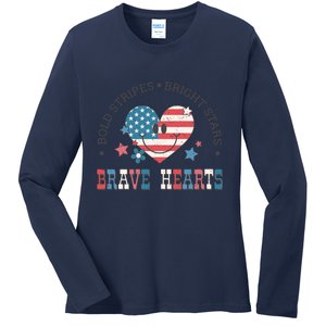 4th Of July Retro Blold Stripes Bright Stars Brave Hearts Gift Ladies Long Sleeve Shirt