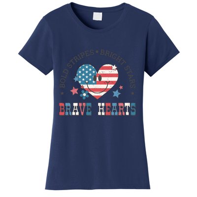 4th Of July Retro Blold Stripes Bright Stars Brave Hearts Gift Women's T-Shirt