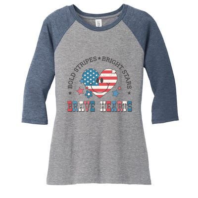 4th Of July Retro Blold Stripes Bright Stars Brave Hearts Gift Women's Tri-Blend 3/4-Sleeve Raglan Shirt