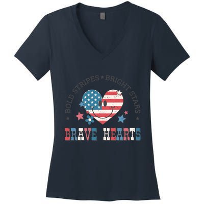 4th Of July Retro Blold Stripes Bright Stars Brave Hearts Gift Women's V-Neck T-Shirt