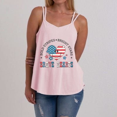 4th Of July Retro Blold Stripes Bright Stars Brave Hearts Gift Women's Strappy Tank