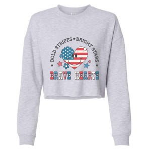 4th Of July Retro Blold Stripes Bright Stars Brave Hearts Gift Cropped Pullover Crew