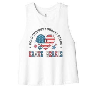 4th Of July Retro Blold Stripes Bright Stars Brave Hearts Gift Women's Racerback Cropped Tank