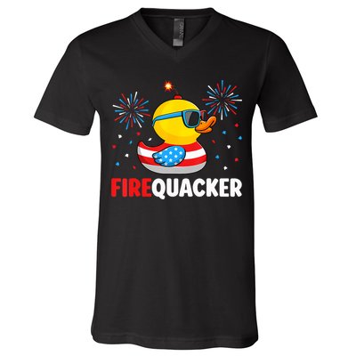 4th Of July Duck Firequacker Patriotic Fourth Of July Funny V-Neck T-Shirt