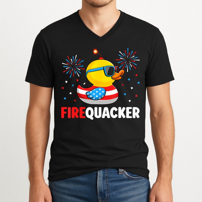 4th Of July Duck Firequacker Patriotic Fourth Of July Funny V-Neck T-Shirt