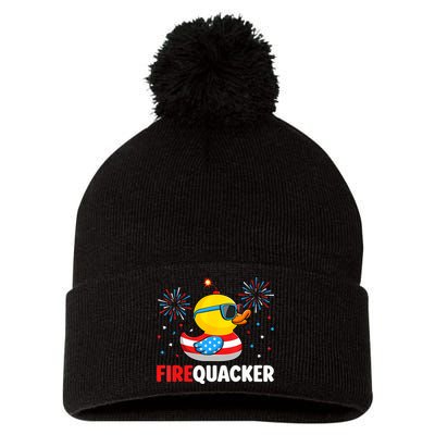 4th Of July Duck Firequacker Patriotic Fourth Of July Funny Pom Pom 12in Knit Beanie