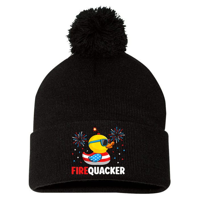 4th Of July Duck Firequacker Patriotic Fourth Of July Funny Pom Pom 12in Knit Beanie