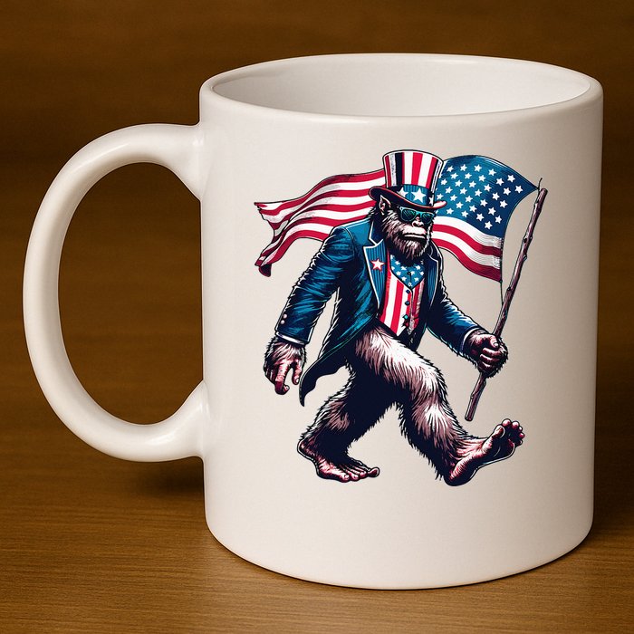 4th Of July Bigfoot Sasquatch American Flag Usa 11oz C Handle Ceramic Mug