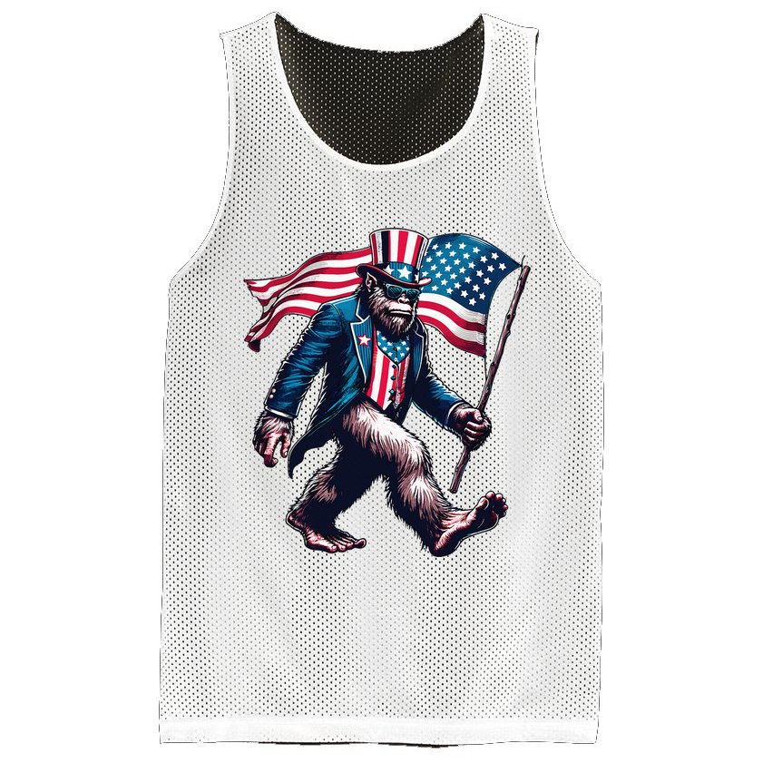 4th Of July Bigfoot Sasquatch American Flag Usa Mesh Reversible Basketball Jersey Tank
