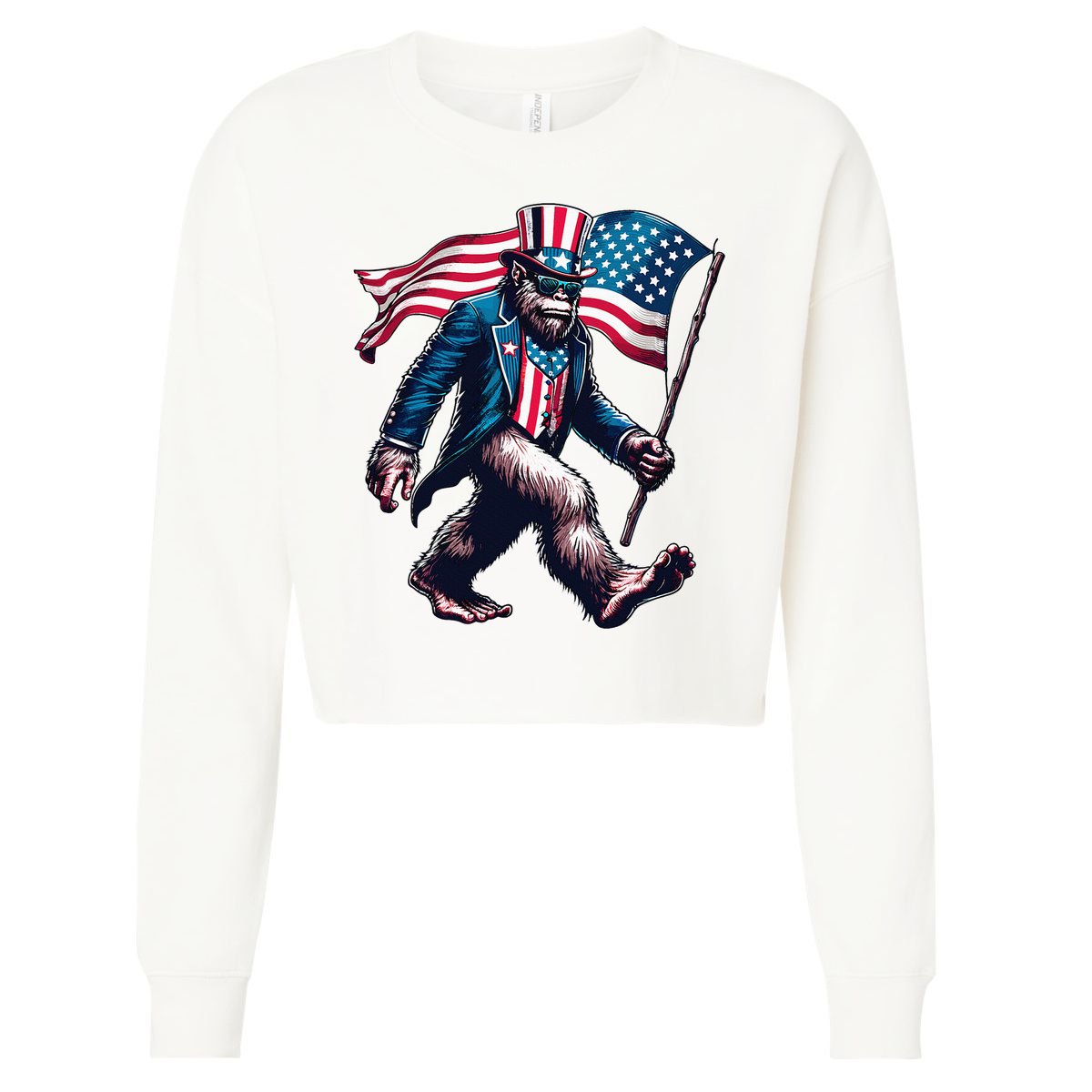 4th Of July Bigfoot Sasquatch American Flag Usa Cropped Pullover Crew