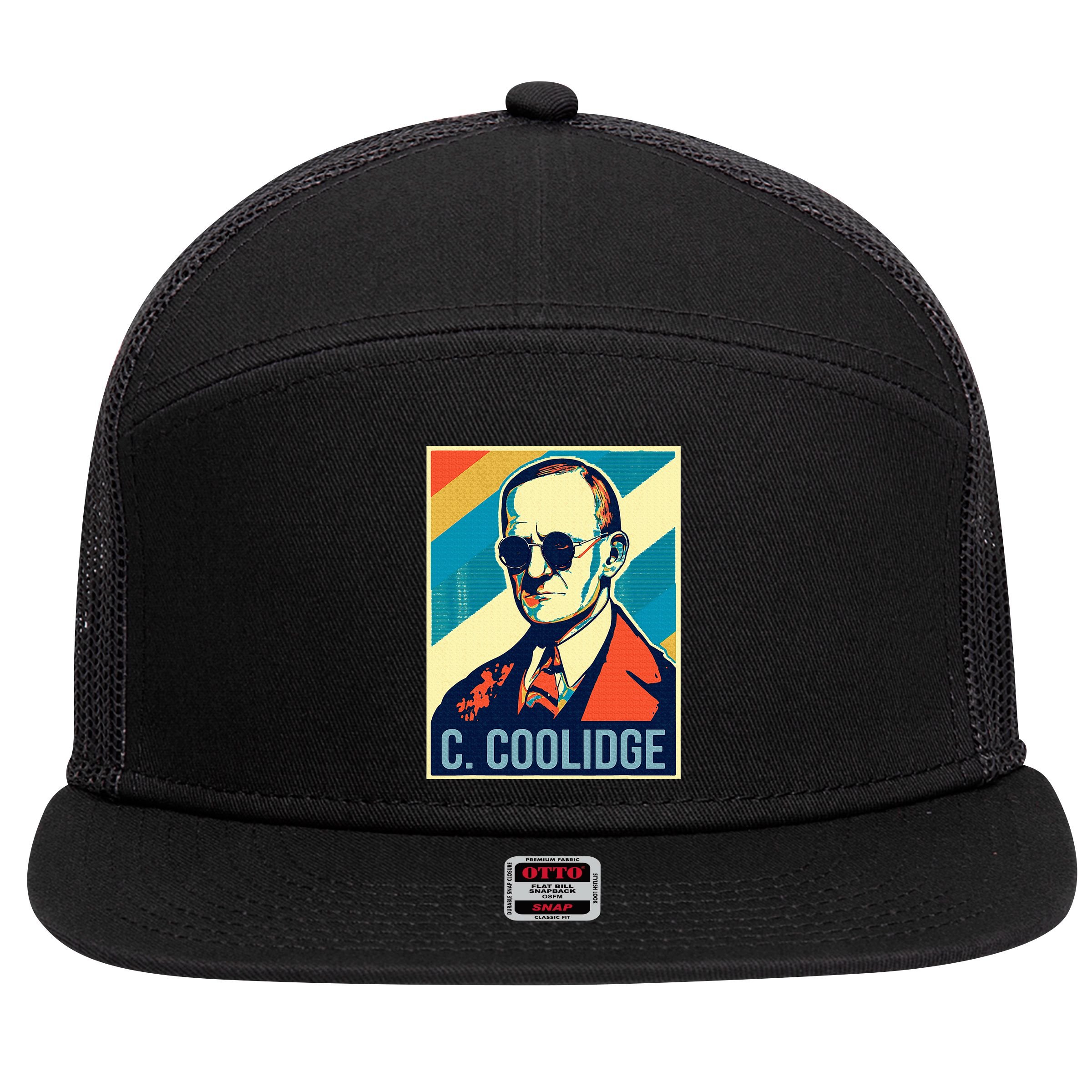 4th Of July Calvin Coolidge President Retro Patriotic 7 Panel Mesh Trucker Snapback Hat